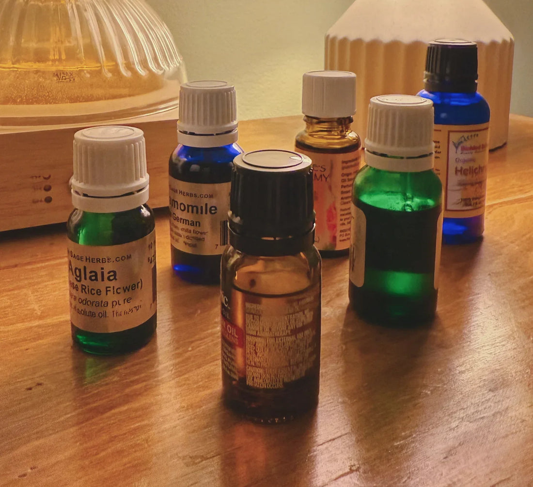 Colorful bottles of essential oils in a softly lit space