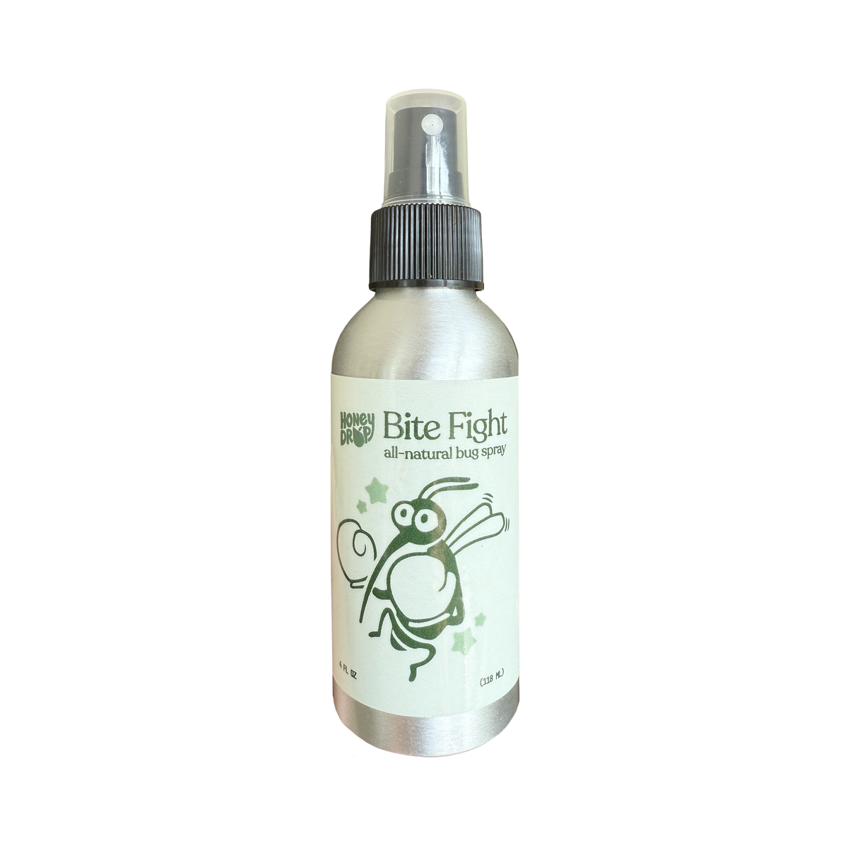A silver metal spray bottle with a black spray cap and a white label featuring a green cartoon bug illustration and the text 'Bite Fight' and 'all-natural bug spray'.