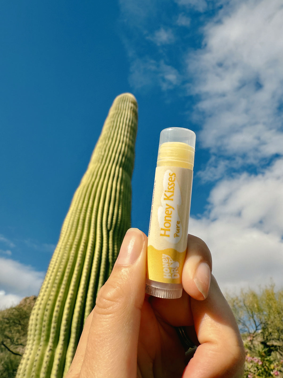 A hand holding Honey Kisses Lip Balm in front of a cactus