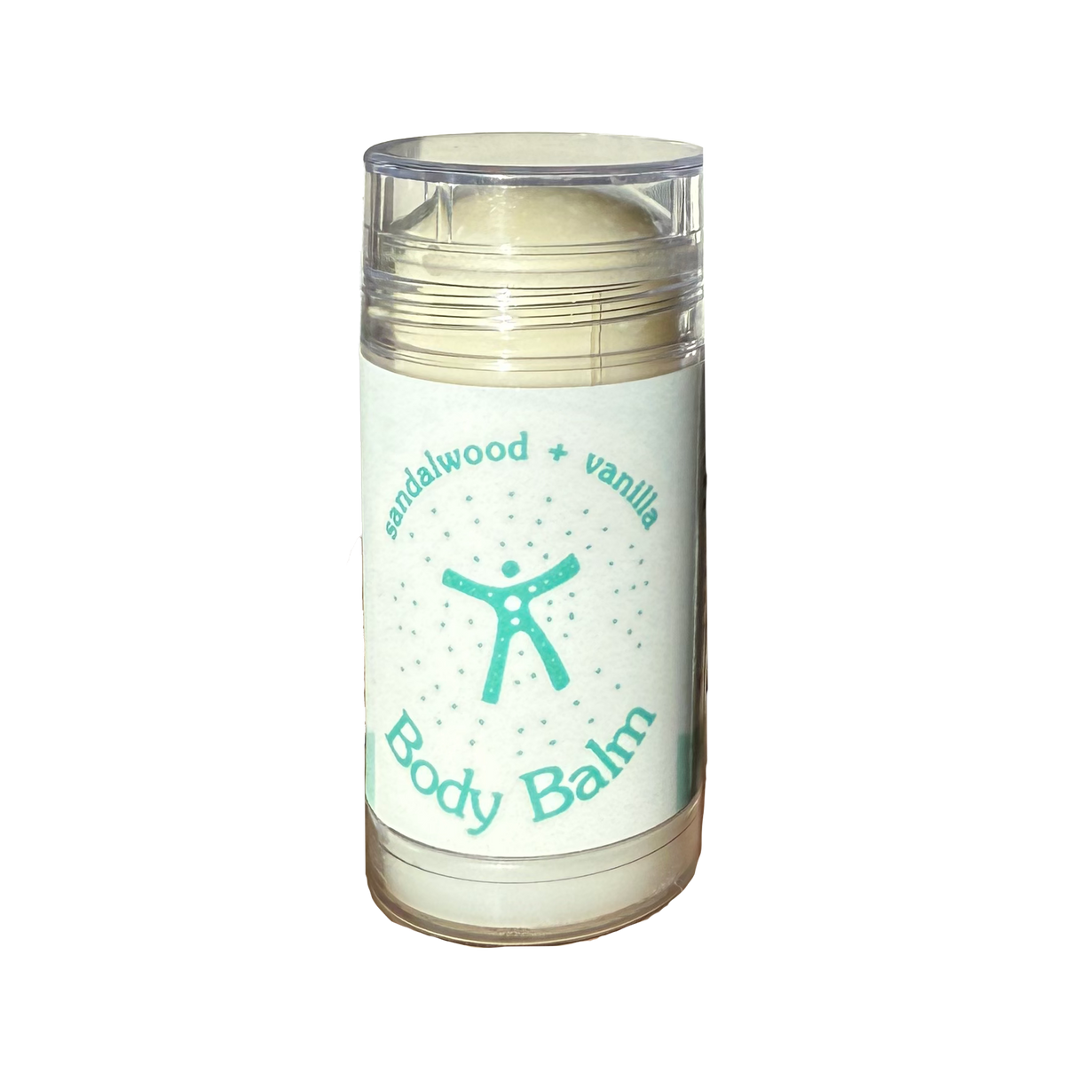 A clear plastic jar of body balm with a white label that reads 'sandalwood + vanilla Body Balm' in teal text, containing a pale cream-colored balm, isolated on a white background.
