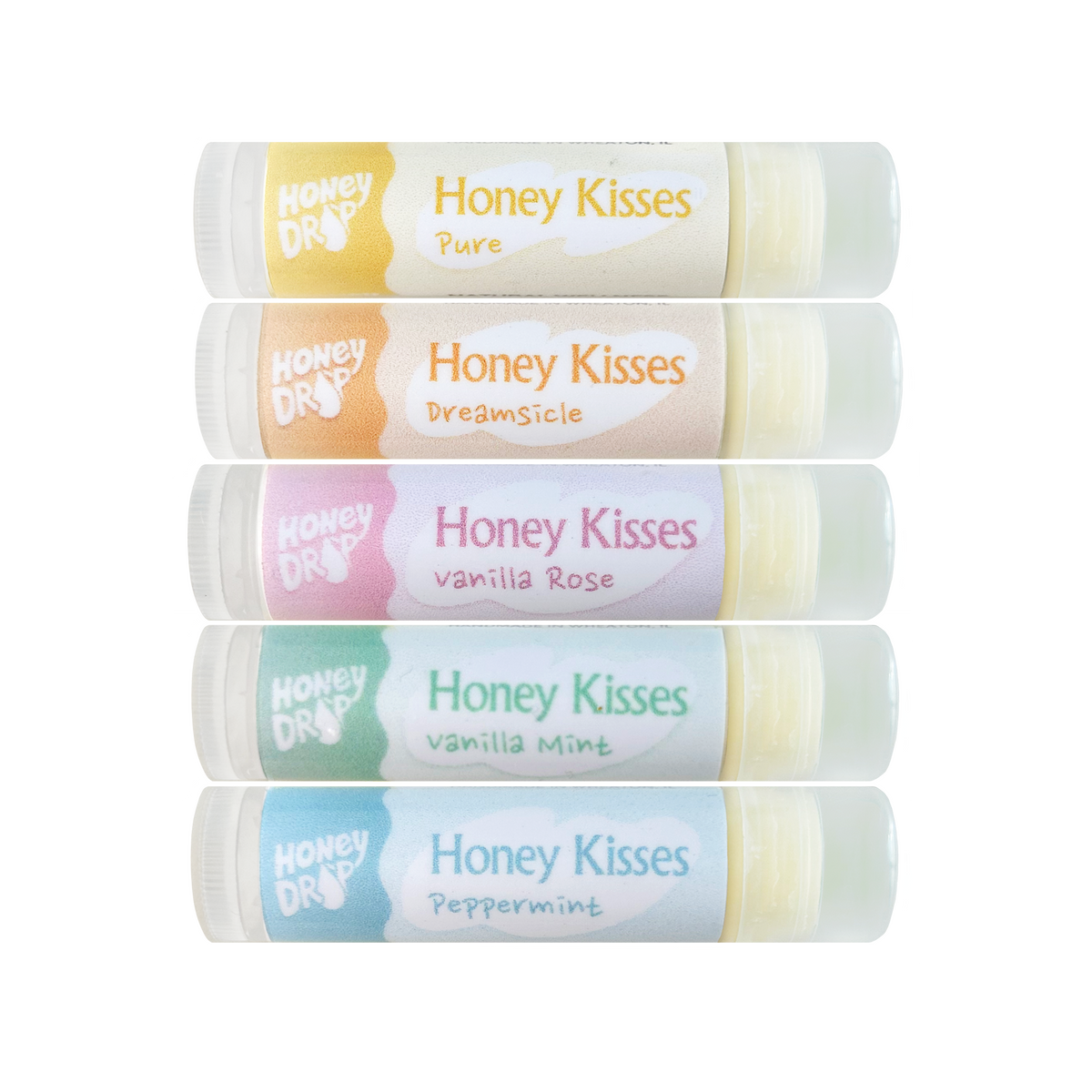 Five Honey Drops Honey Kisses lip balm tubes stacked vertically on a white background, featuring Pure, Dreamsicle, vanilla Rose, vanilla Mint, and Peppermint flavors.